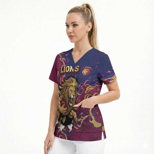 Custom Brisbane Maroon Scrub Top Lions Blazing Fire