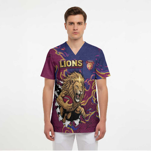 Custom Brisbane Maroon Scrub Top Lions Blazing Fire