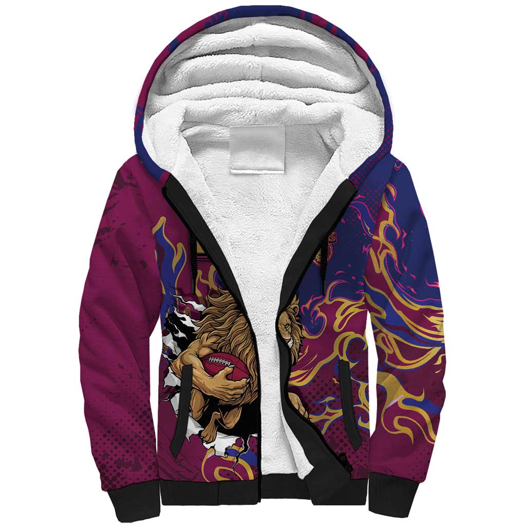 Custom Brisbane Maroon Sherpa Hoodie Lions Blazing Fire
