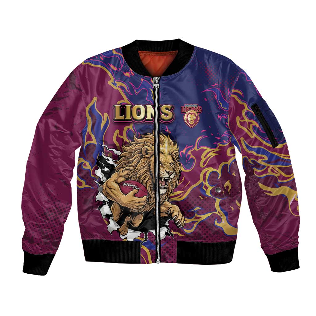Custom Brisbane Maroon Sleeve Zip Bomber Jacket Lions Blazing Fire
