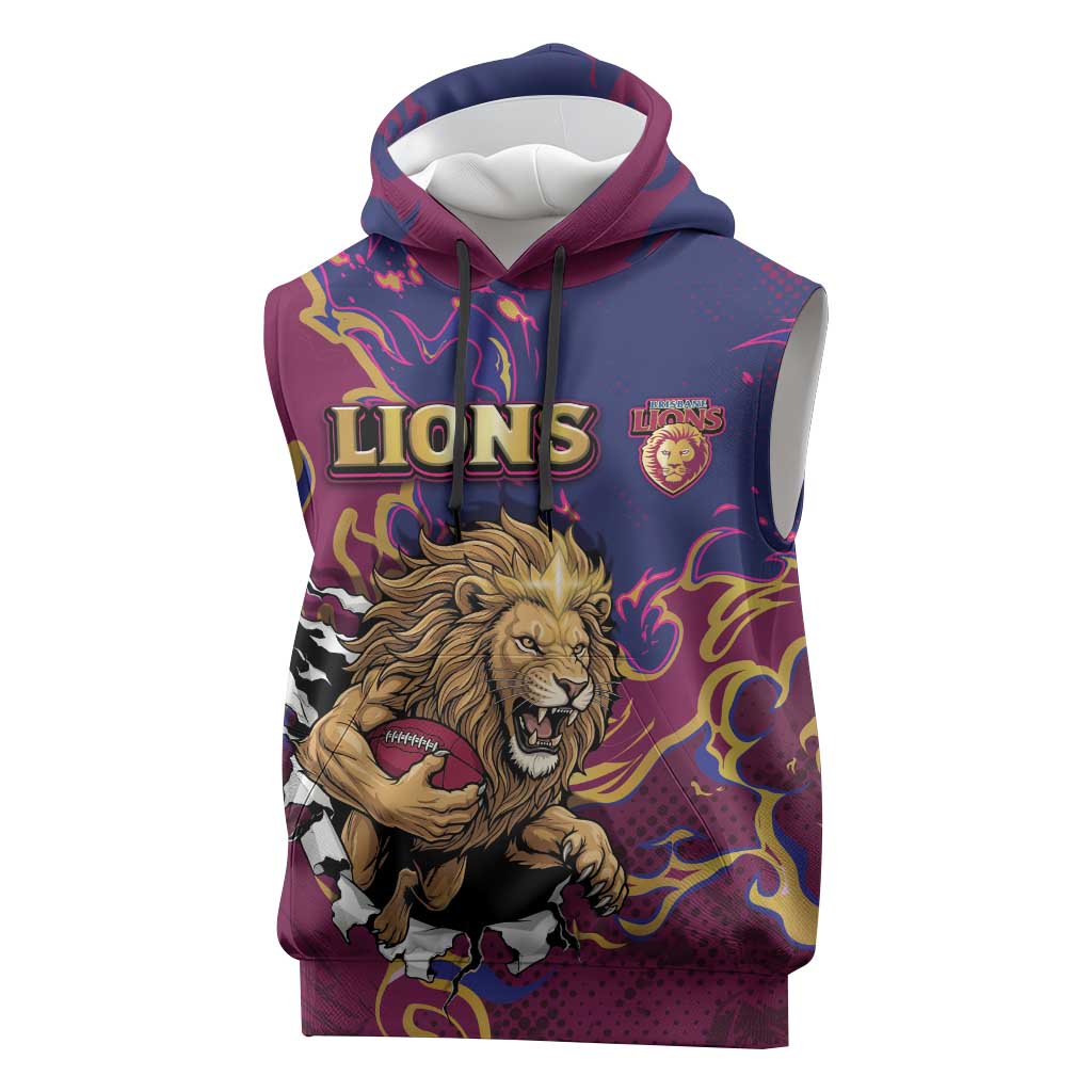 Custom Brisbane Maroon Sleeveless Hoodie Lions Blazing Fire