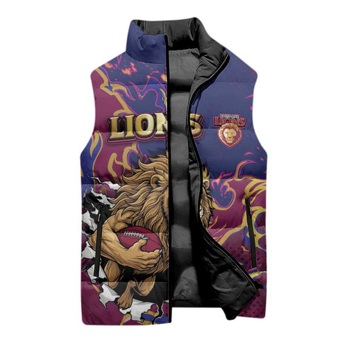 Custom Brisbane Maroon Sleeveless Puffer Jacket Lions Blazing Fire