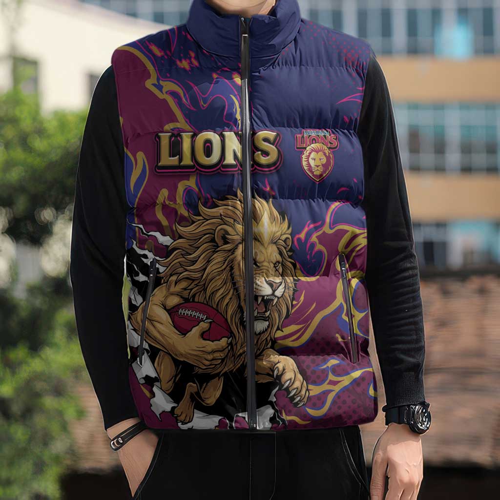 Custom Brisbane Maroon Sleeveless Puffer Jacket Lions Blazing Fire