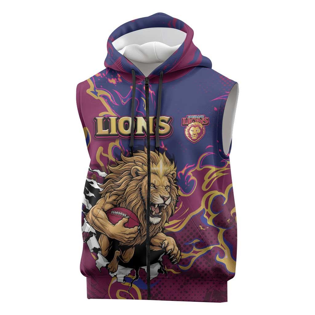 Custom Brisbane Maroon Sleeveless Zip Hoodie Lions Blazing Fire