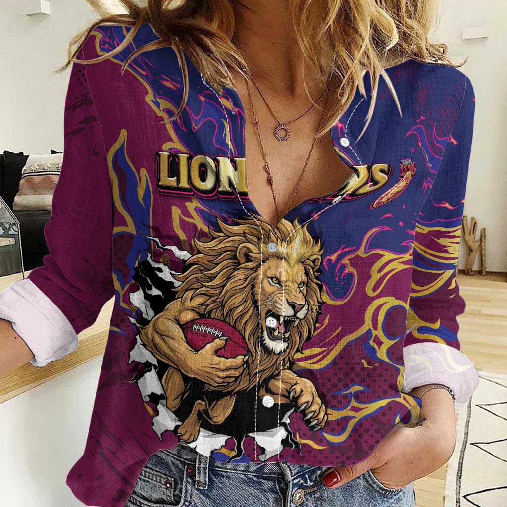 Custom Brisbane Maroon Women Casual Shirt Lions Blazing Fire