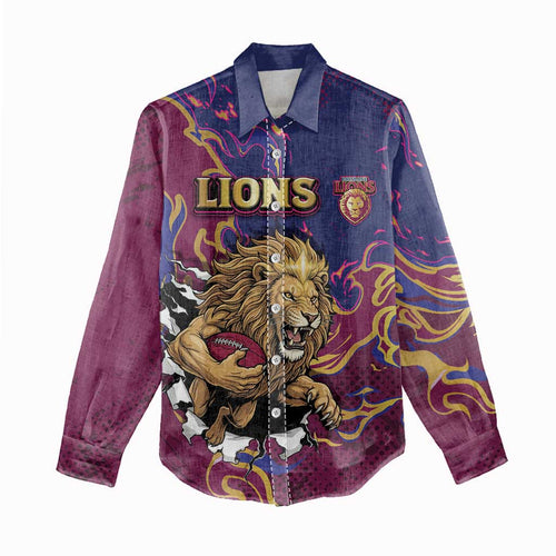 Custom Brisbane Maroon Women Casual Shirt Lions Blazing Fire