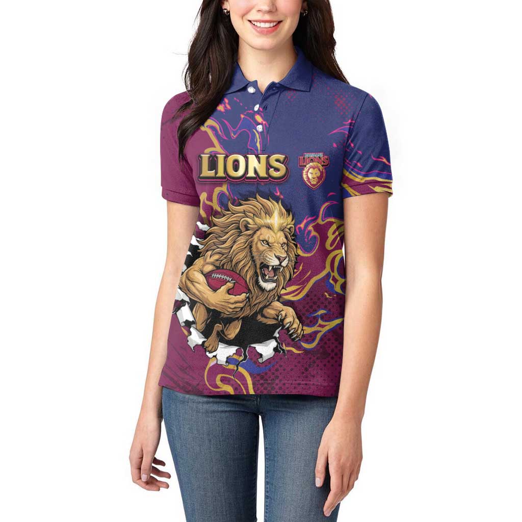 Custom Brisbane Maroon Women Polo Shirt Lions Blazing Fire