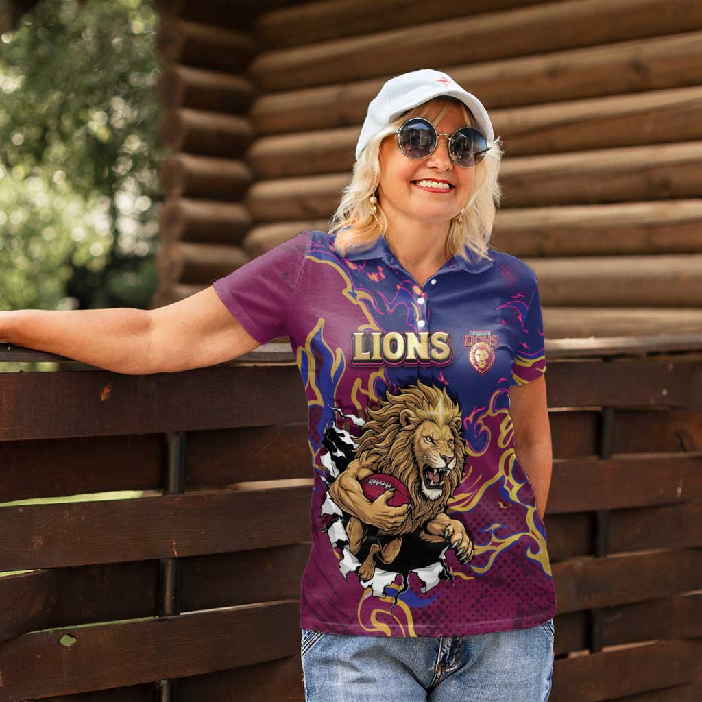 Custom Brisbane Maroon Women Polo Shirt Lions Blazing Fire