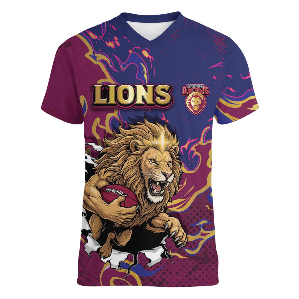 Custom Brisbane Maroon Women V-Neck T-Shirt Lions Blazing Fire