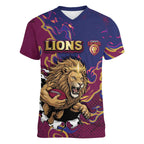 Custom Brisbane Maroon Women V-Neck T-Shirt Lions Blazing Fire