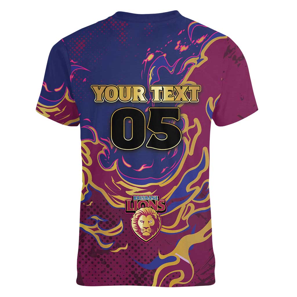 Custom Brisbane Maroon Women V-Neck T-Shirt Lions Blazing Fire