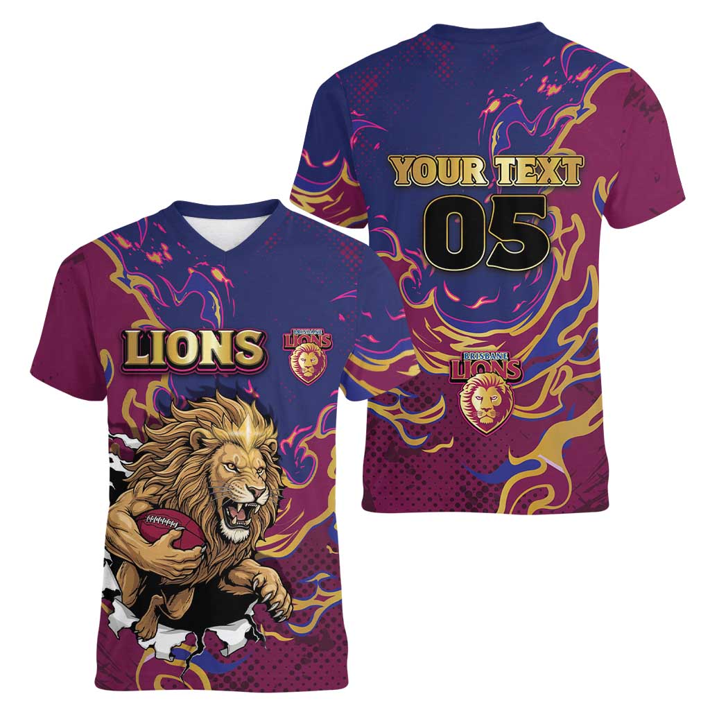 Custom Brisbane Maroon Women V-Neck T-Shirt Lions Blazing Fire