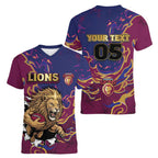 Custom Brisbane Maroon Women V-Neck T-Shirt Lions Blazing Fire