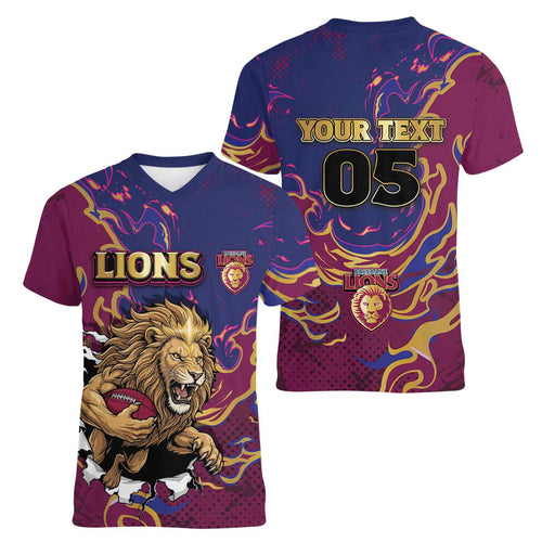 Custom Brisbane Maroon Women V-Neck T-Shirt Lions Blazing Fire