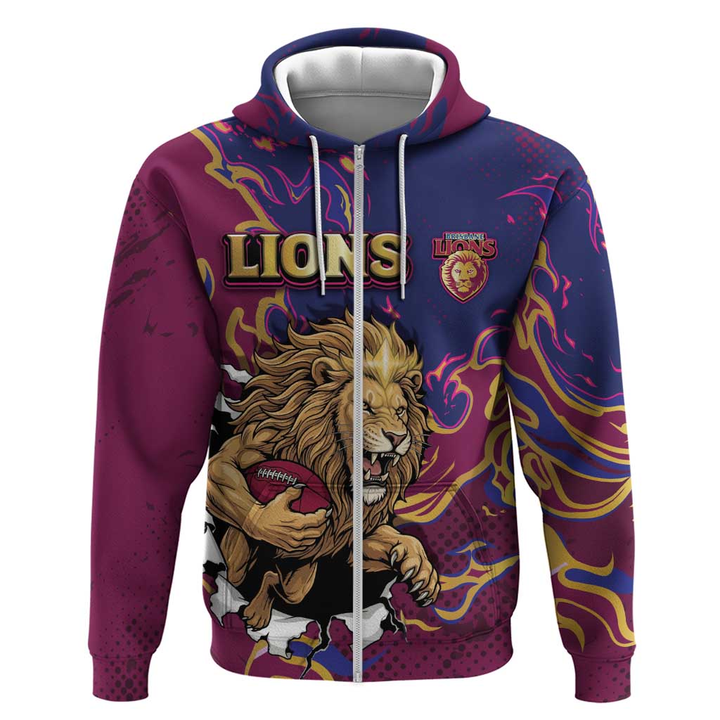 Custom Brisbane Maroon Zip Hoodie Lions Blazing Fire