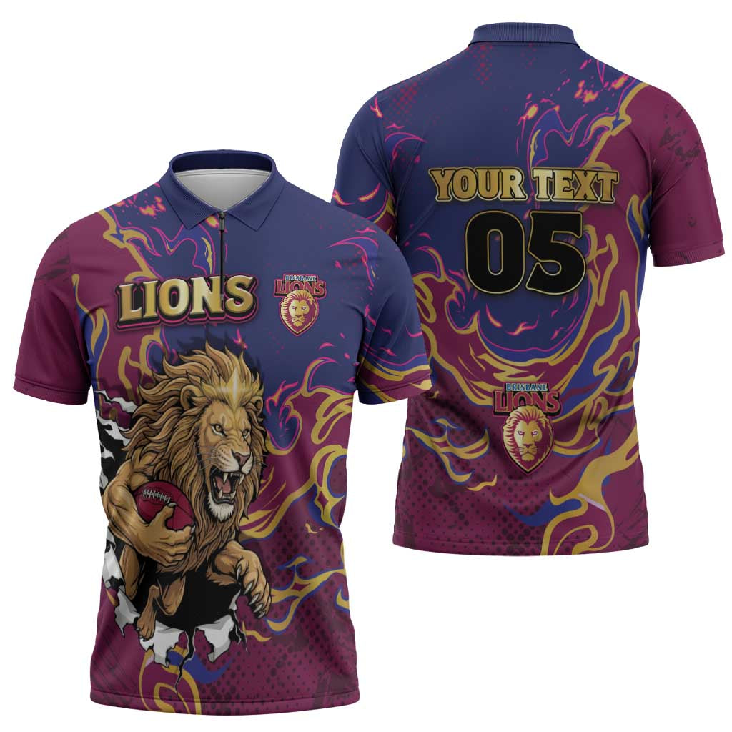 Custom Brisbane Maroon Zipper Polo Shirt Lions Blazing Fire