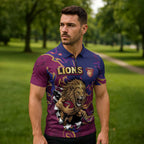 Custom Brisbane Maroon Zipper Polo Shirt Lions Blazing Fire
