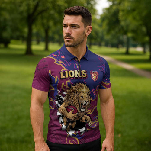 Custom Brisbane Maroon Zipper Polo Shirt Lions Blazing Fire