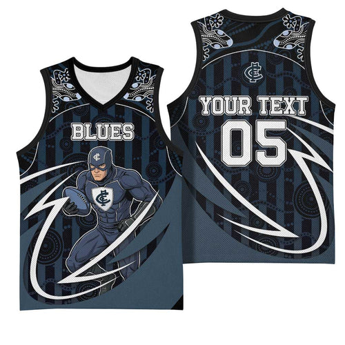 Custom Carlton Navy Basketball Jersey Captain With Aboriginal Art