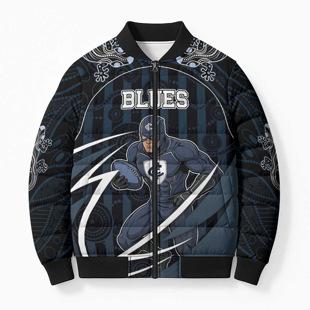 Custom Carlton Navy Bomber Puffer Jacket Captain With Aboriginal Art