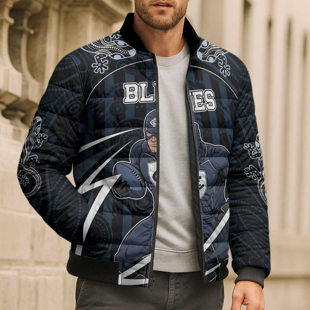 Custom Carlton Navy Bomber Puffer Jacket Captain With Aboriginal Art