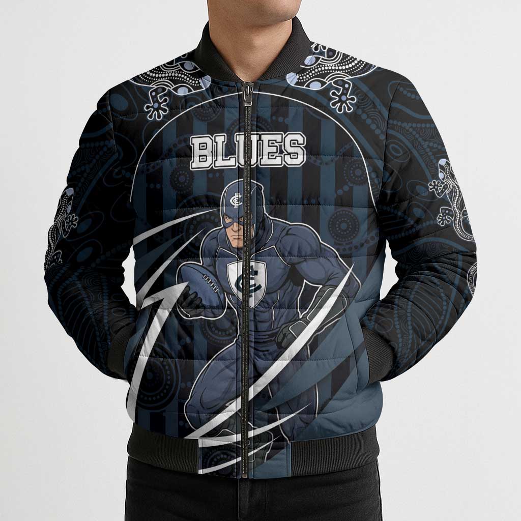 Custom Carlton Navy Bomber Puffer Jacket Captain With Aboriginal Art