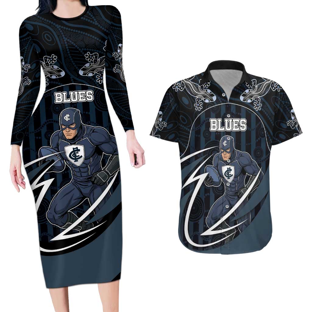 Custom Carlton Navy Couples Matching Long Sleeve Bodycon Dress and Hawaiian Shirt Captain With Aboriginal Art