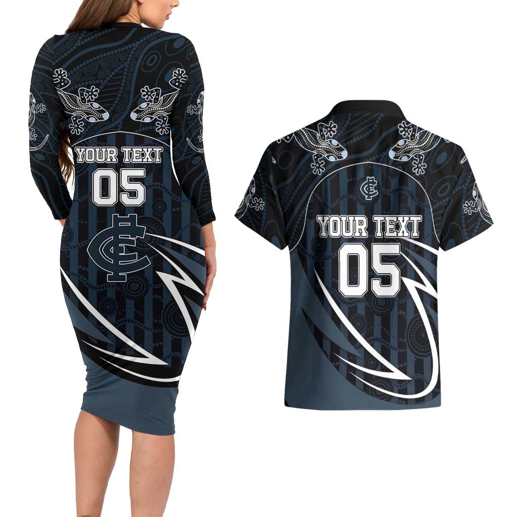 Custom Carlton Navy Couples Matching Long Sleeve Bodycon Dress and Hawaiian Shirt Captain With Aboriginal Art