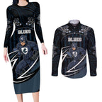 Custom Carlton Navy Couples Matching Long Sleeve Bodycon Dress and Long Sleeve Button Shirt Captain With Aboriginal Art