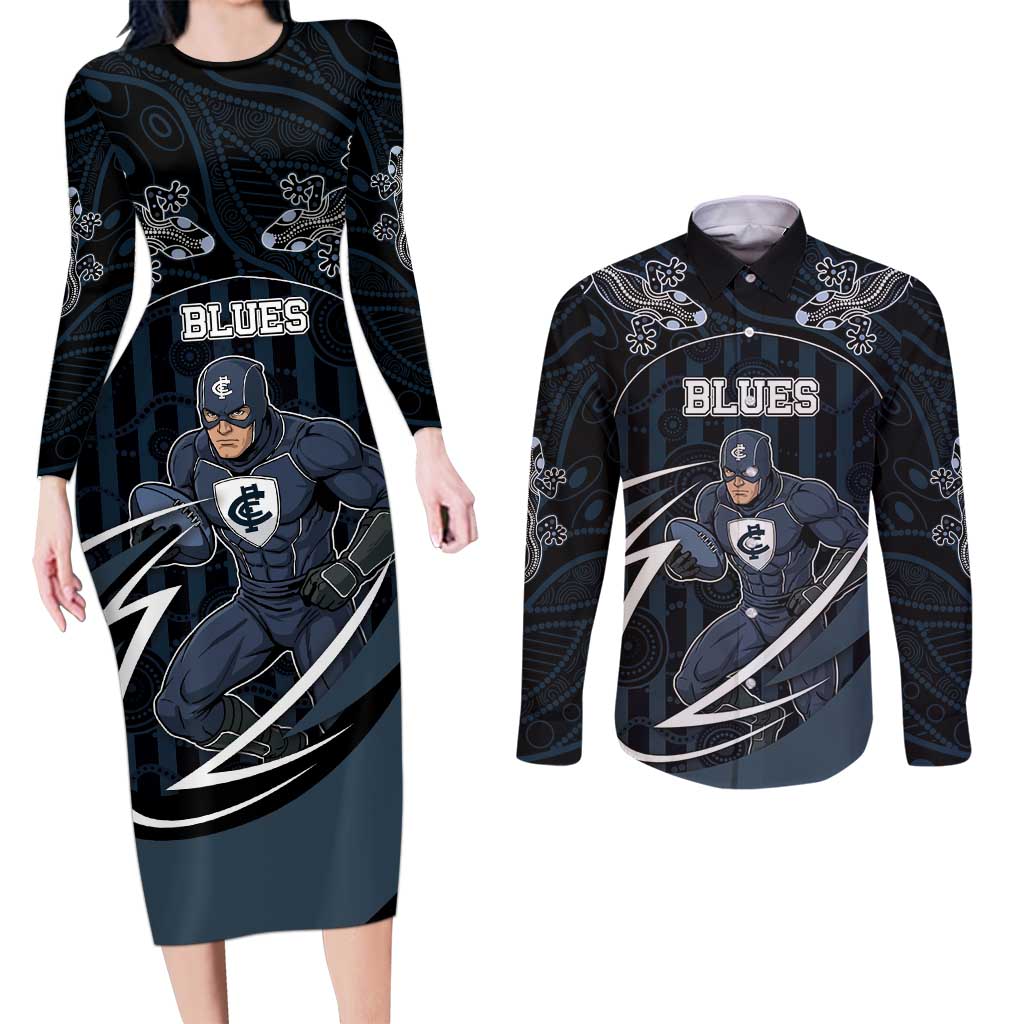 Custom Carlton Navy Couples Matching Long Sleeve Bodycon Dress and Long Sleeve Button Shirt Captain With Aboriginal Art