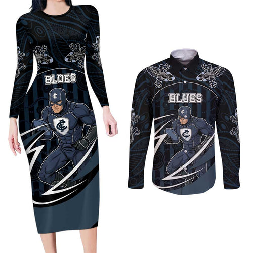Custom Carlton Navy Couples Matching Long Sleeve Bodycon Dress and Long Sleeve Button Shirt Captain With Aboriginal Art