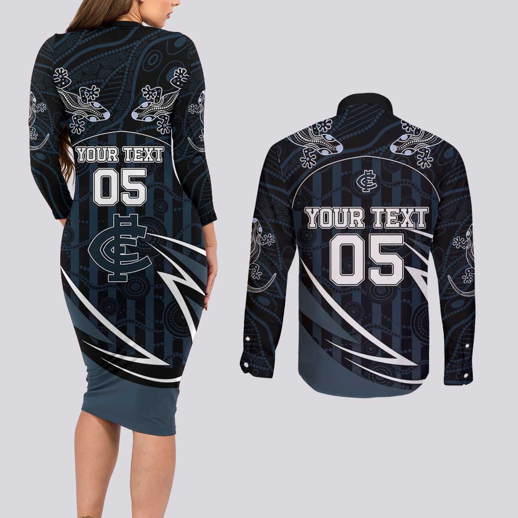 Custom Carlton Navy Couples Matching Long Sleeve Bodycon Dress and Long Sleeve Button Shirt Captain With Aboriginal Art