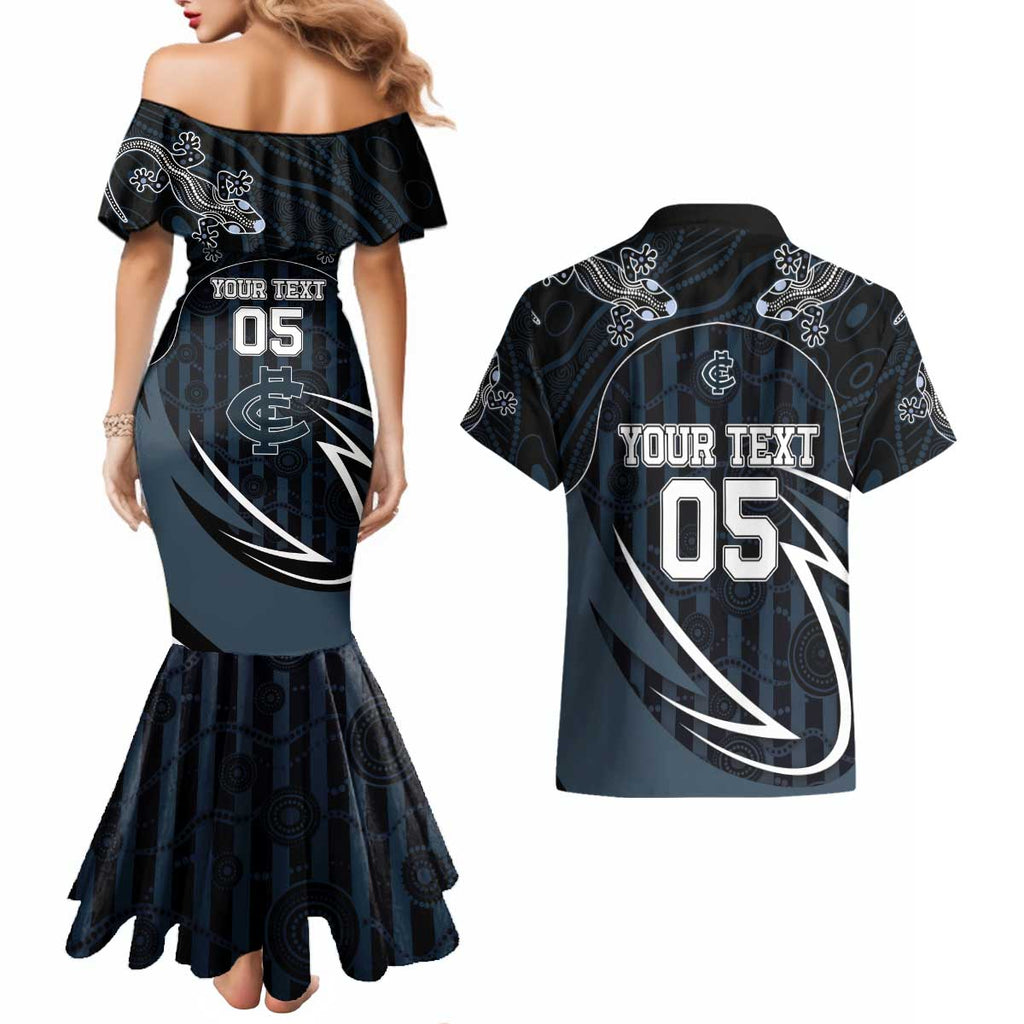 Custom Carlton Navy Couples Matching Mermaid Dress and Hawaiian Shirt Captain With Aboriginal Art