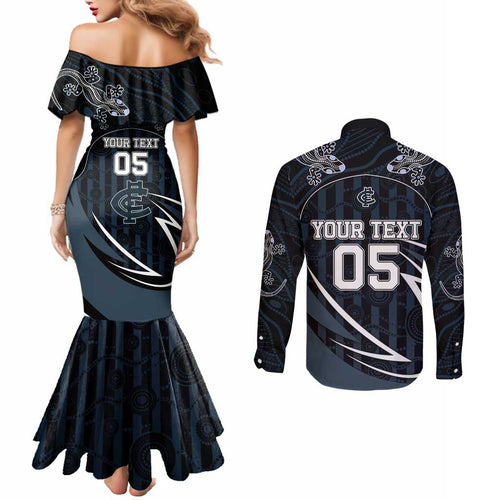 Custom Carlton Navy Couples Matching Mermaid Dress and Long Sleeve Button Shirt Captain With Aboriginal Art