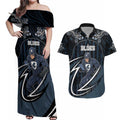 Custom Carlton Navy Couples Matching Off Shoulder Maxi Dress and Hawaiian Shirt Captain With Aboriginal Art