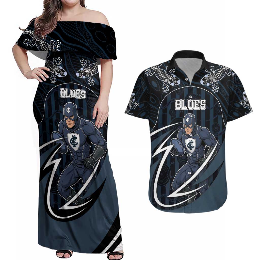 Custom Carlton Navy Couples Matching Off Shoulder Maxi Dress and Hawaiian Shirt Captain With Aboriginal Art