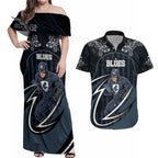 Custom Carlton Navy Couples Matching Off Shoulder Maxi Dress and Hawaiian Shirt Captain With Aboriginal Art