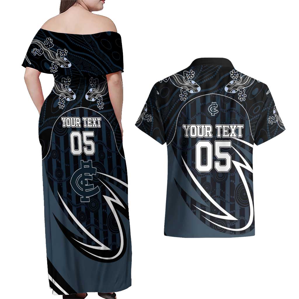 Custom Carlton Navy Couples Matching Off Shoulder Maxi Dress and Hawaiian Shirt Captain With Aboriginal Art