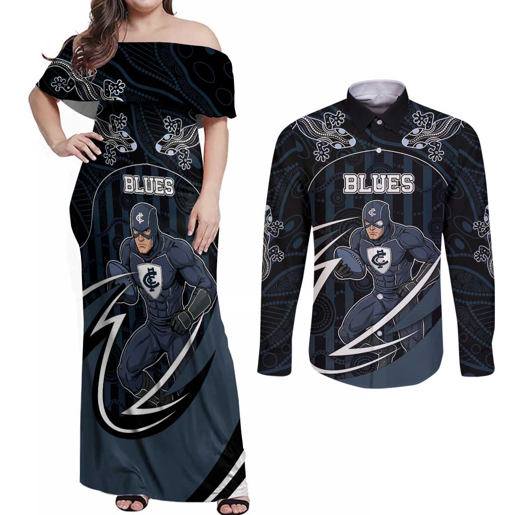 Custom Carlton Navy Couples Matching Off Shoulder Maxi Dress and Long Sleeve Button Shirt Captain With Aboriginal Art