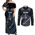 Custom Carlton Navy Couples Matching Off Shoulder Maxi Dress and Long Sleeve Button Shirt Captain With Aboriginal Art