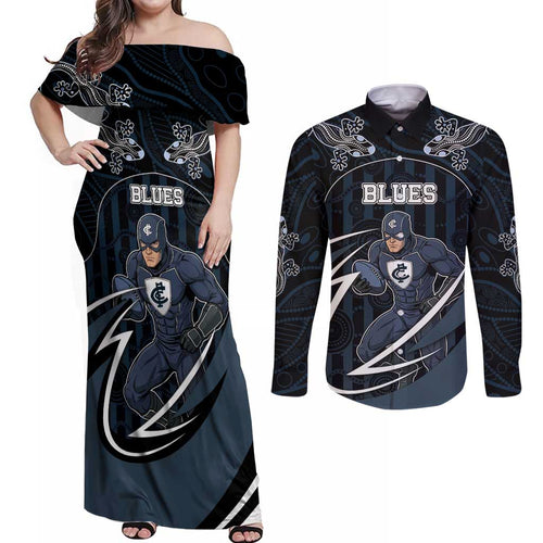Custom Carlton Navy Couples Matching Off Shoulder Maxi Dress and Long Sleeve Button Shirt Captain With Aboriginal Art