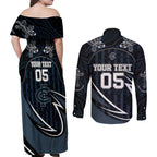 Custom Carlton Navy Couples Matching Off Shoulder Maxi Dress and Long Sleeve Button Shirt Captain With Aboriginal Art