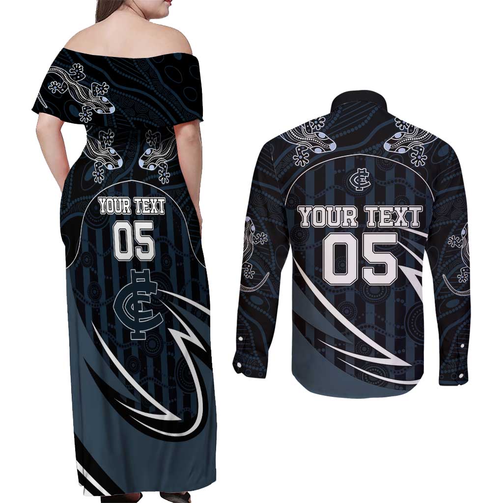 Custom Carlton Navy Couples Matching Off Shoulder Maxi Dress and Long Sleeve Button Shirt Captain With Aboriginal Art