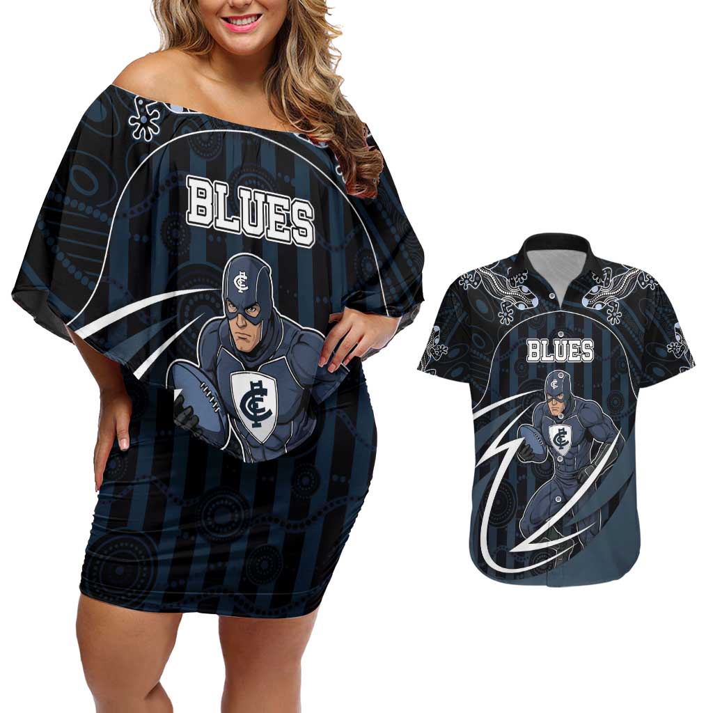 Custom Carlton Navy Couples Matching Off Shoulder Short Dress and Hawaiian Shirt Captain With Aboriginal Art