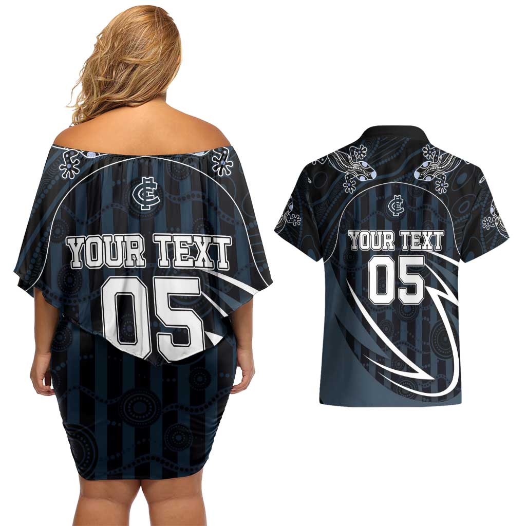 Custom Carlton Navy Couples Matching Off Shoulder Short Dress and Hawaiian Shirt Captain With Aboriginal Art