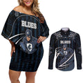 Custom Carlton Navy Couples Matching Off Shoulder Short Dress and Long Sleeve Button Shirt Captain With Aboriginal Art