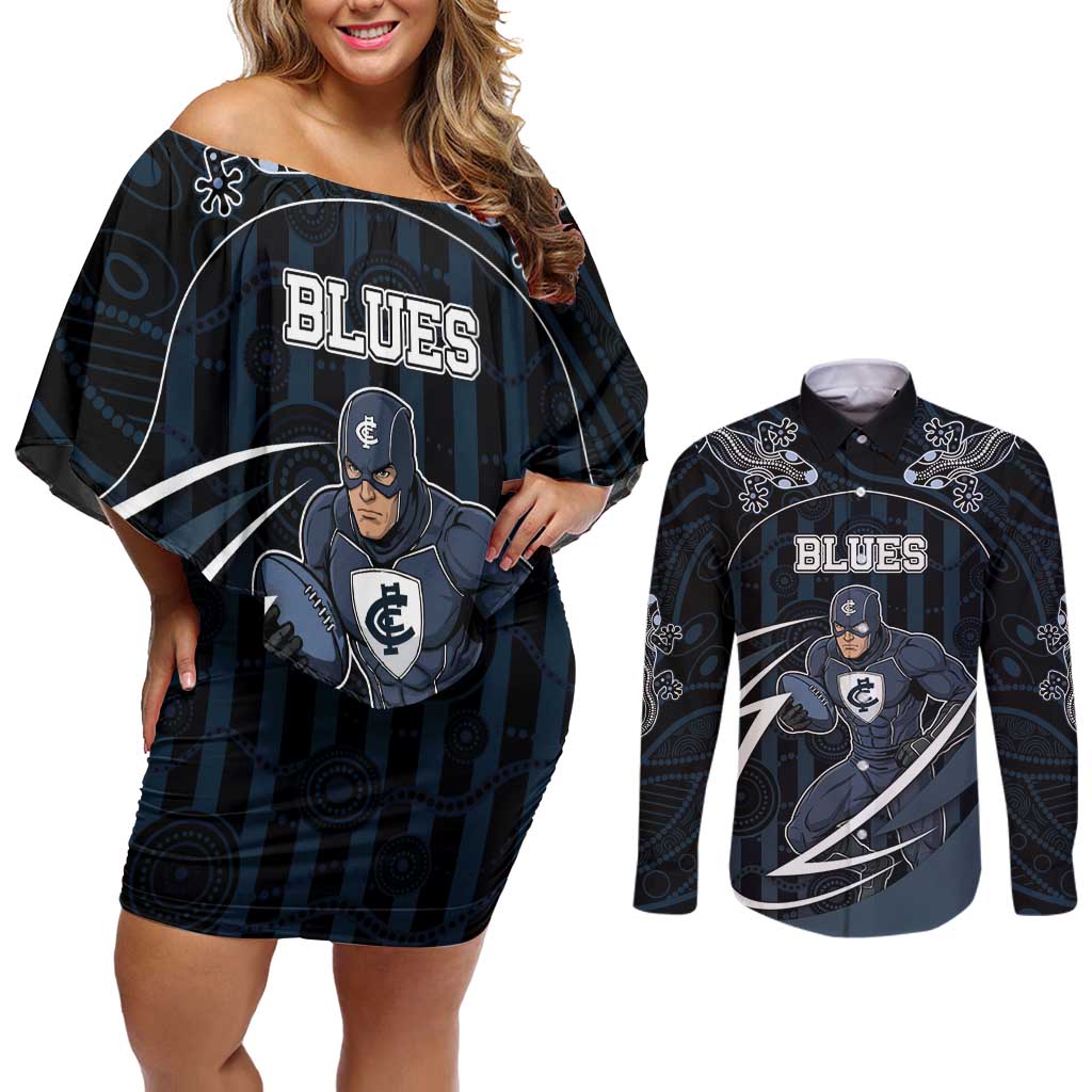 Custom Carlton Navy Couples Matching Off Shoulder Short Dress and Long Sleeve Button Shirt Captain With Aboriginal Art