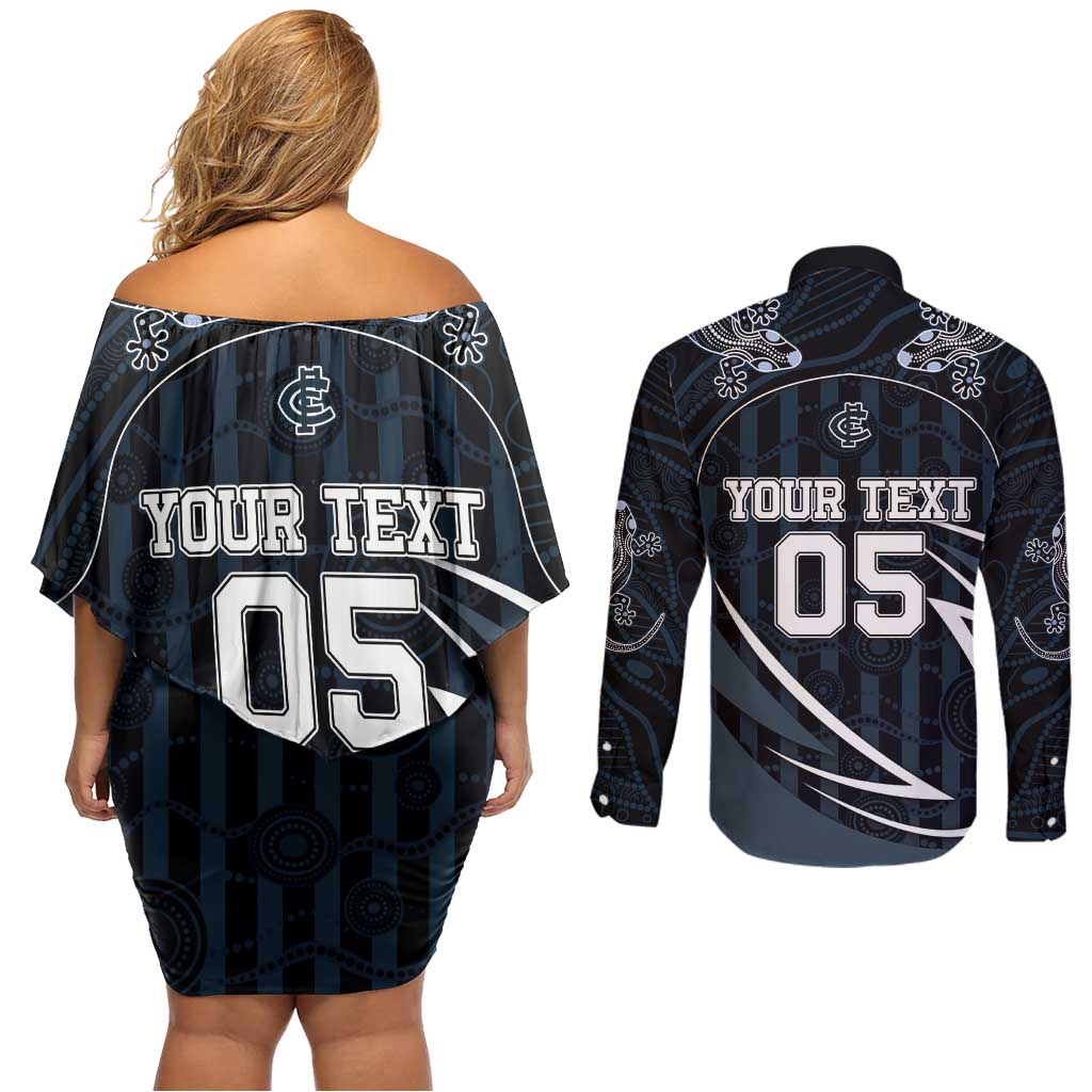 Custom Carlton Navy Couples Matching Off Shoulder Short Dress and Long Sleeve Button Shirt Captain With Aboriginal Art
