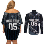 Custom Carlton Navy Couples Matching Off Shoulder Short Dress and Long Sleeve Button Shirt Captain With Aboriginal Art