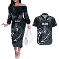 Custom Carlton Navy Couples Matching Off The Shoulder Long Sleeve Dress and Hawaiian Shirt Captain With Aboriginal Art